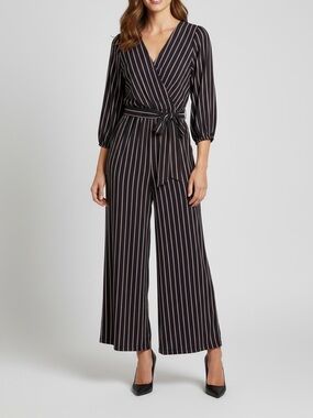 Papaya Striped Wrap Jumpsuit Navy Red White Wide Leg Long Sleeve Size S